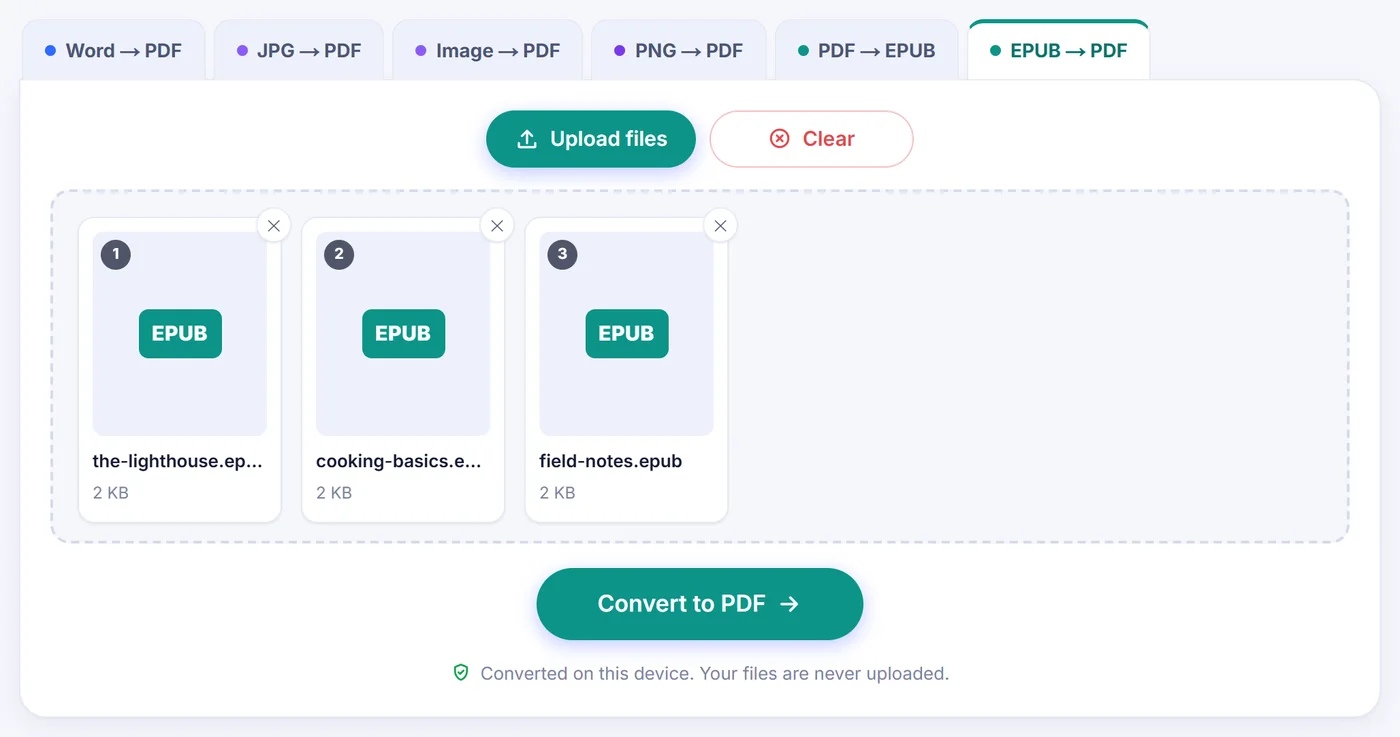 Three numbered EPUB cards for the-lighthouse, cooking-basics and field-notes, each 2 KB with a remove cross, above an active Convert to PDF button